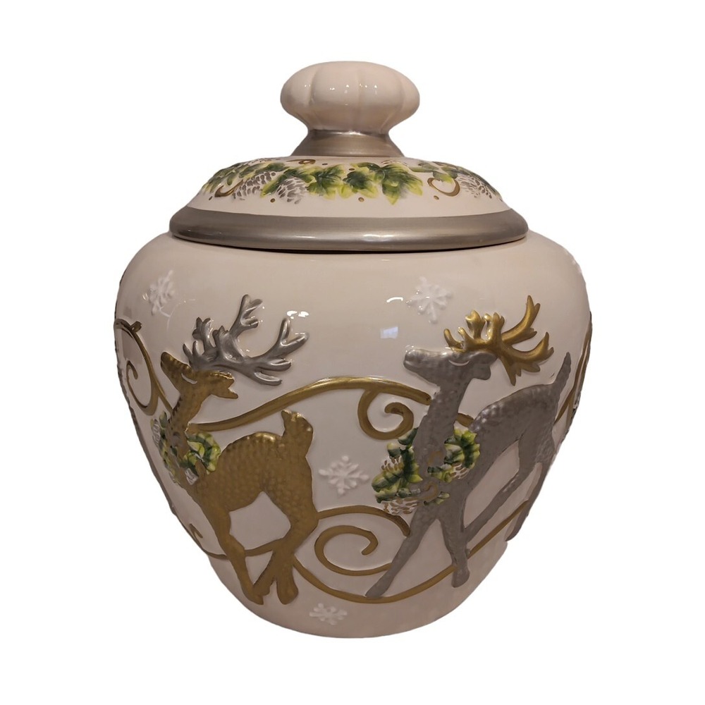 Cheryl & Co. Gold Silver White Vintage Ceramic Christmas 3D Reindeer Cookie Jar